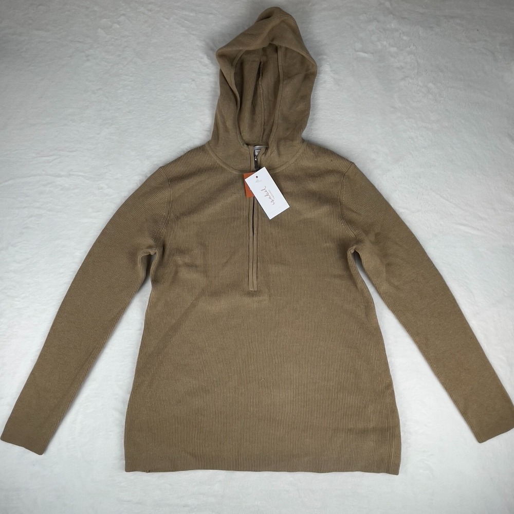 Colsie Maternity Nursing Sweater Womens S Tan Ribbed‎ Long Sleeve Hooded 1/4 Zip